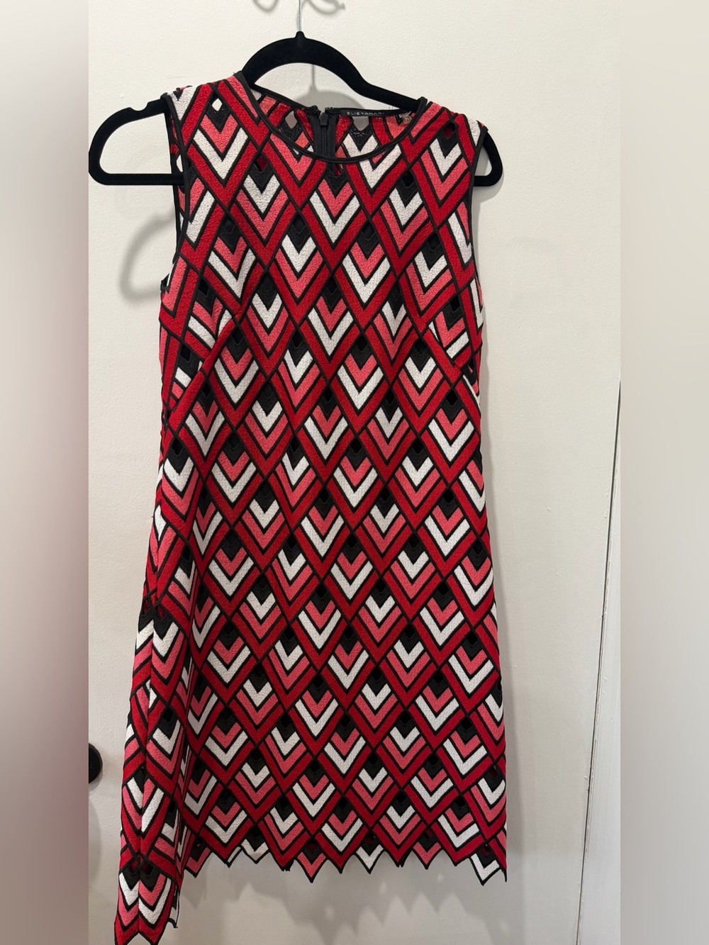 Elie Tahari Red Black White Geometric Shift Dress